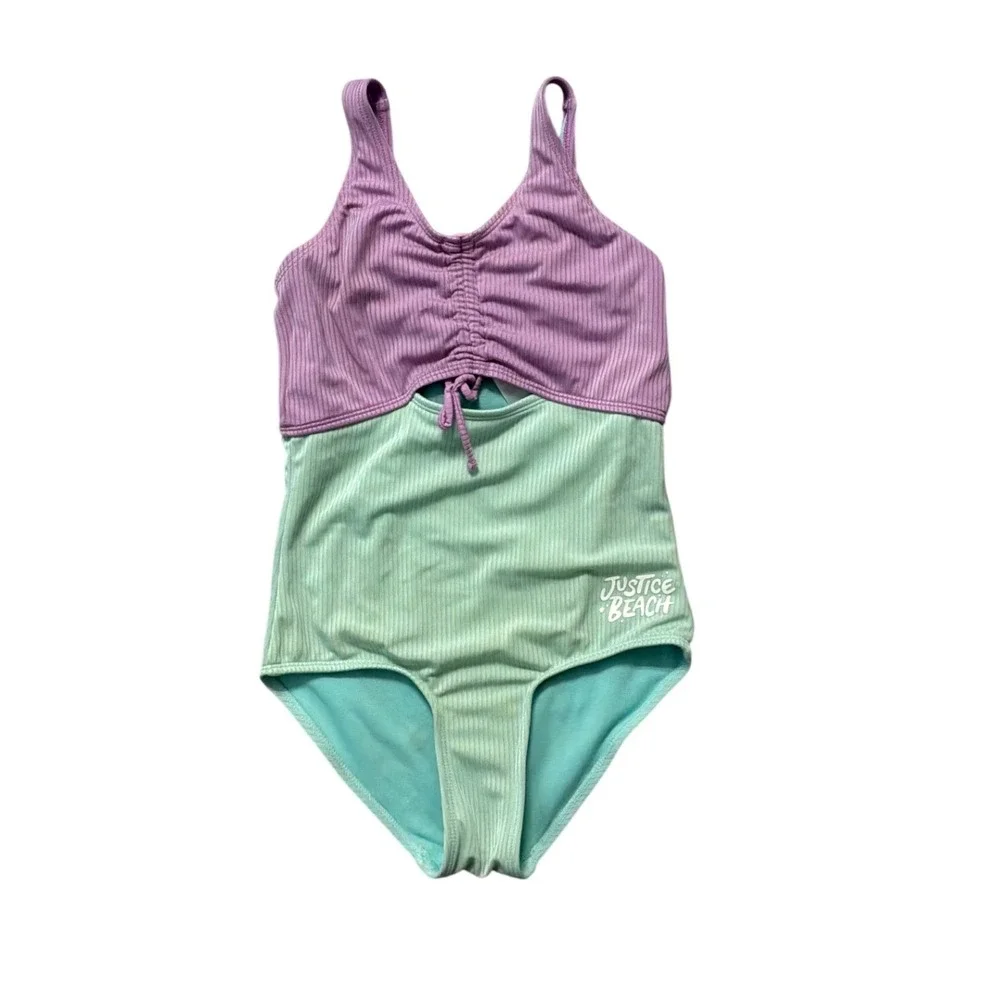 Justice Beach Girls Purple Mint Green Ribbed Colorblock One‎ Piece Swimsuit